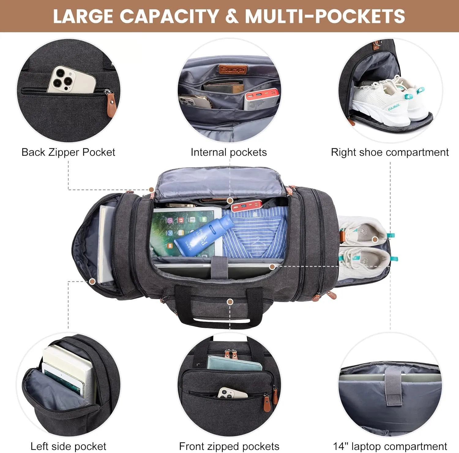 Sucipi Canvas Duffle Bag for Travel Overnight Carry on Bag with Shoe Compartment Weekender Duffel Bag with Toiletry Bag for Airplanes,Dark Grey
