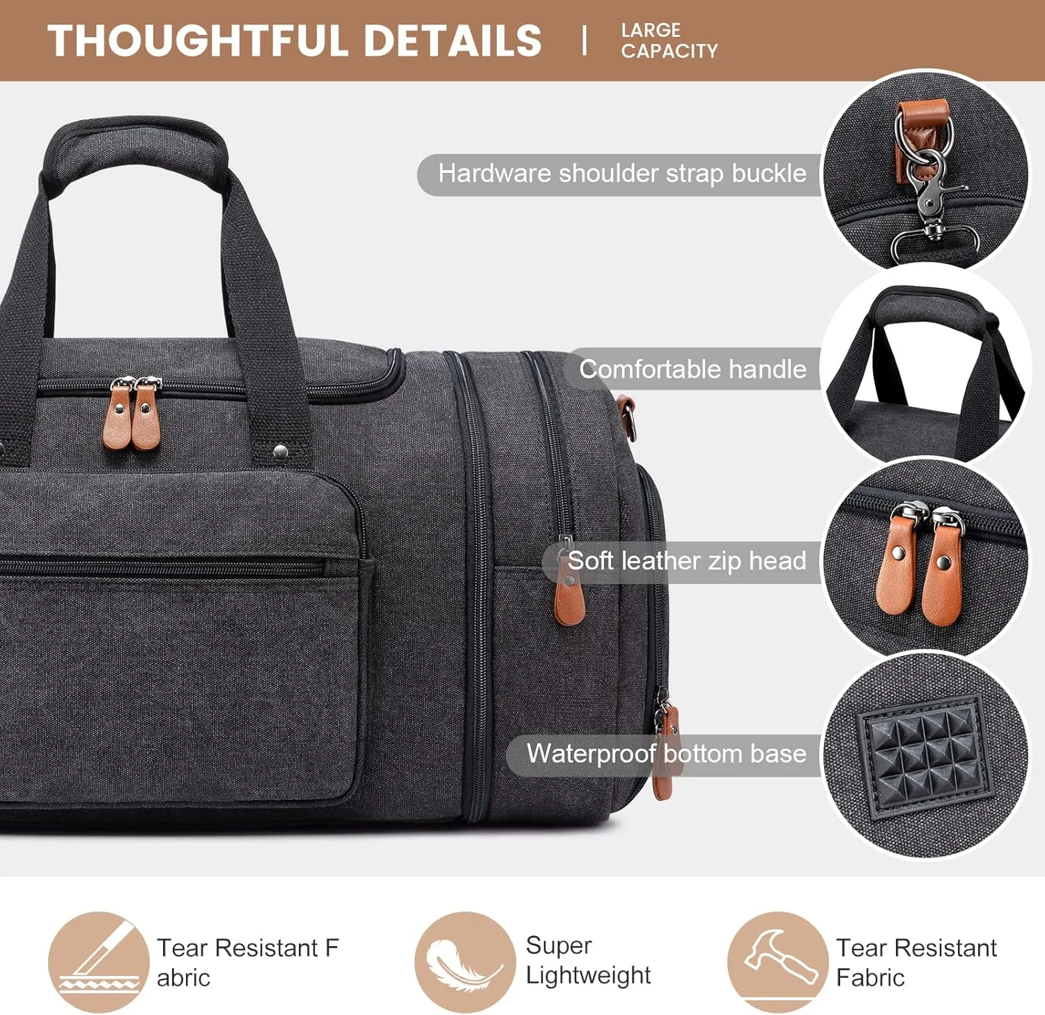 Sucipi Canvas Duffle Bag for Travel Overnight Carry on Bag with Shoe Compartment Weekender Duffel Bag with Toiletry Bag for Airplanes,Dark Grey