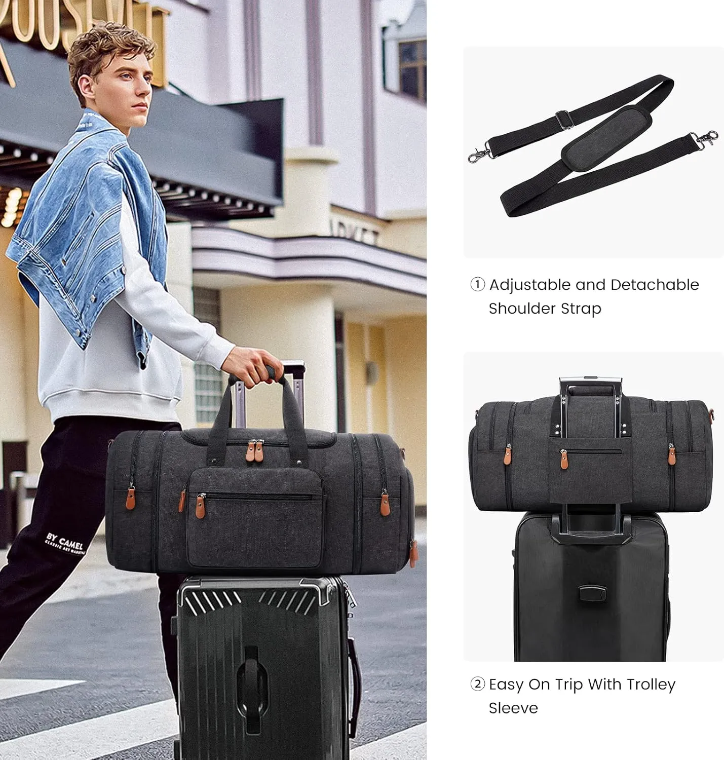 Sucipi Canvas Duffle Bag for Travel Overnight Carry on Bag with Shoe Compartment Weekender Duffel Bag with Toiletry Bag for Airplanes,Dark Grey