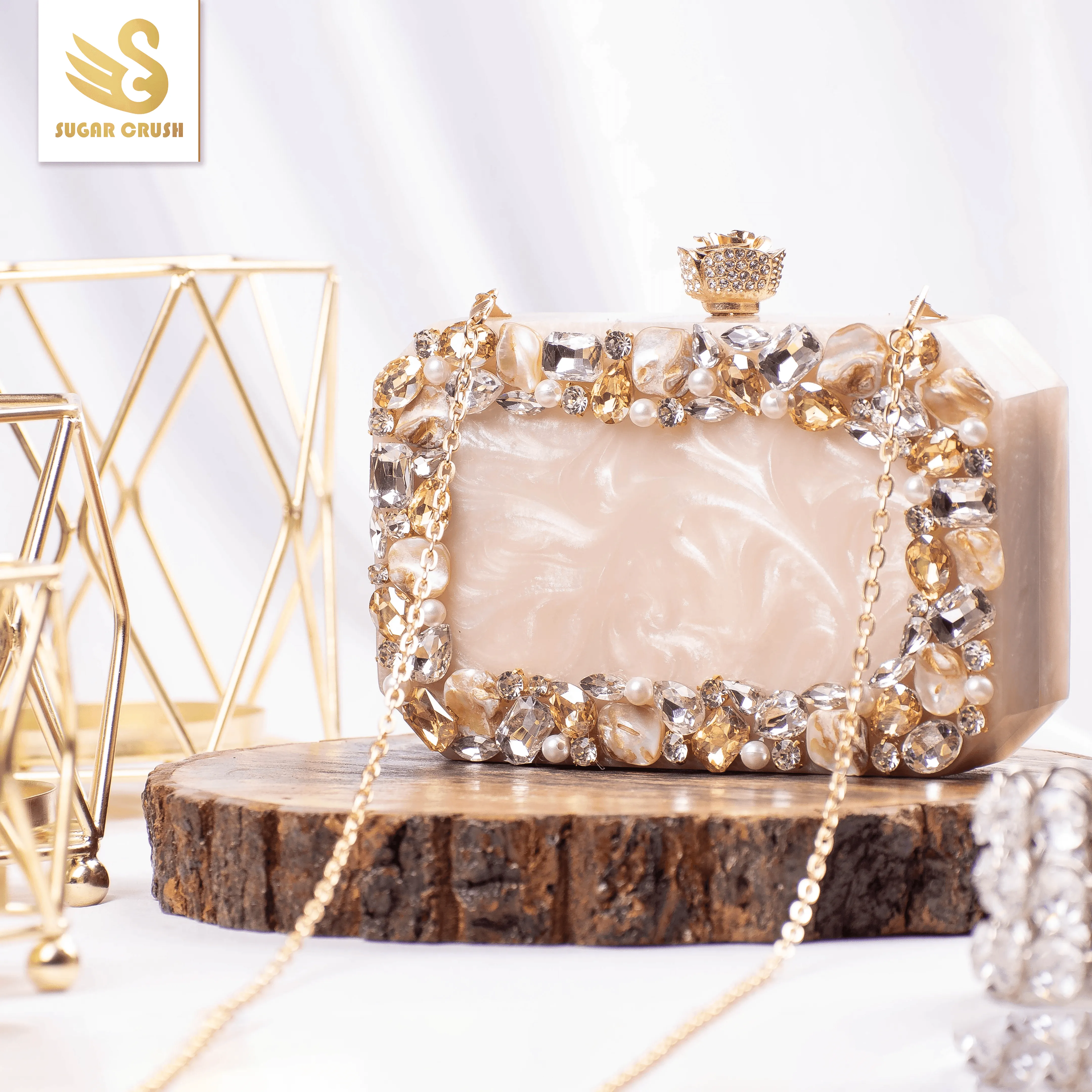 Sugarcrush beige luxury Resin Bridal embellished clutch
