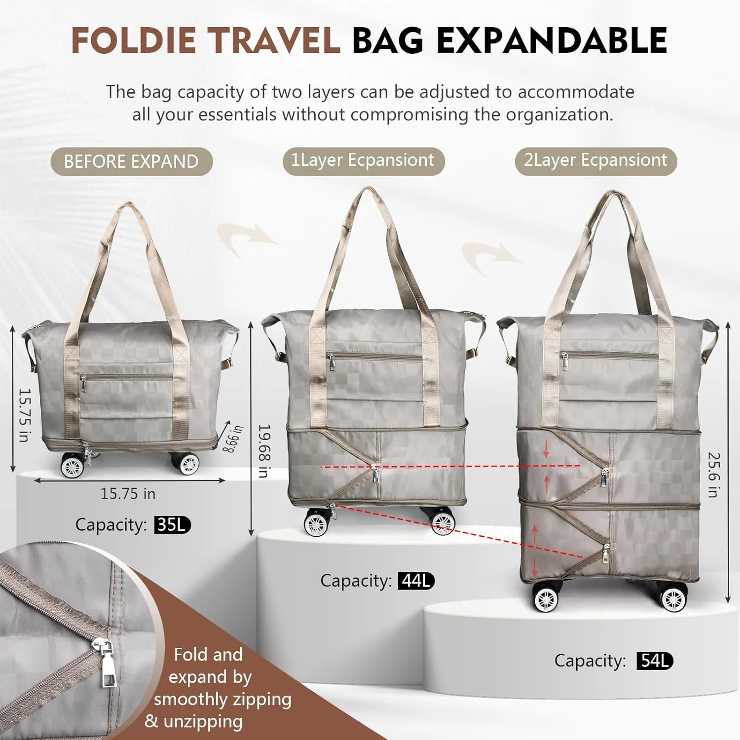 Suitcases With Wheels Expandable Foldable Luggage Bag, Detachable Rolling Duffle Bag With Wheels Carry-On Large Duffel Bag, Collapsible Rolling Travel Bag For Men Women Travel Or Business