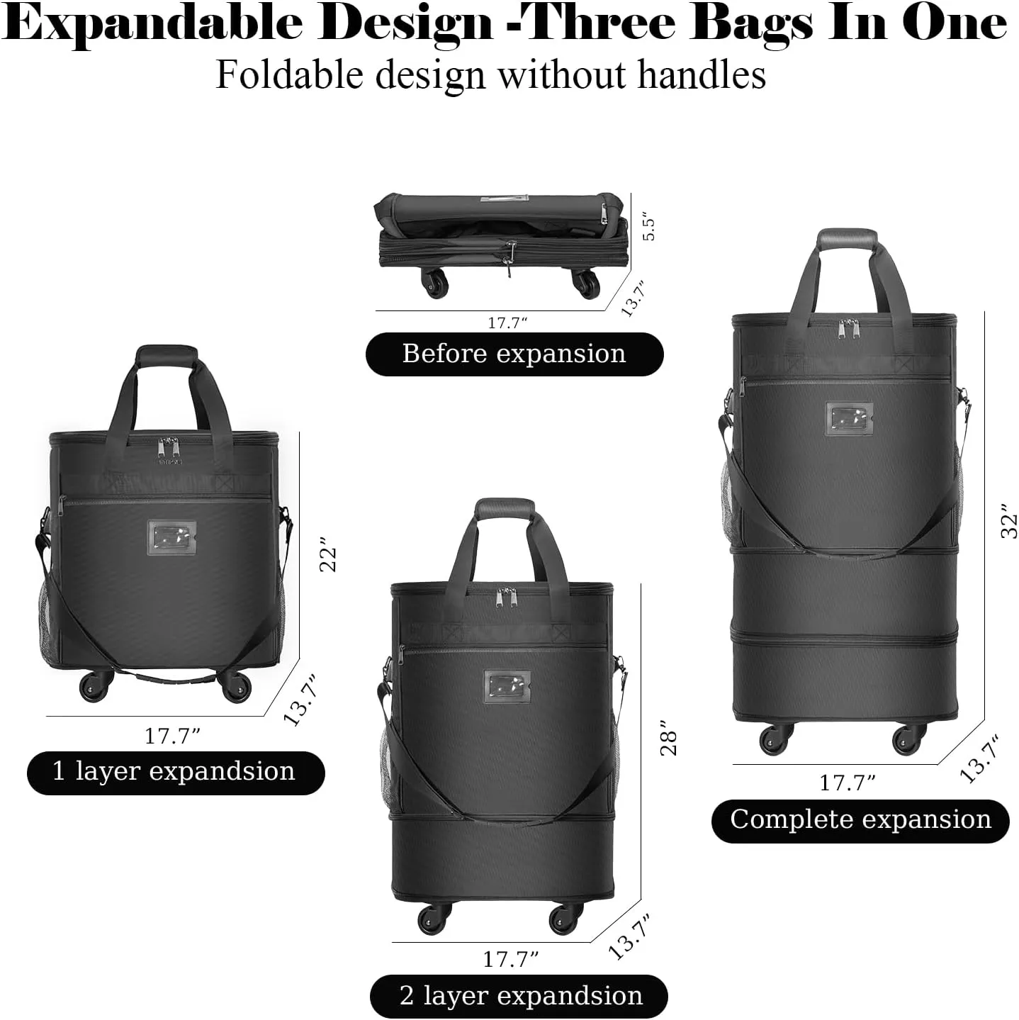 Suitcases with Wheels Expandable Luggage Bag Foldable Suitcase with 4 Universal Wheels Collapsible Rolling Travel Bag Large Capacity Duffel Bag (Black)