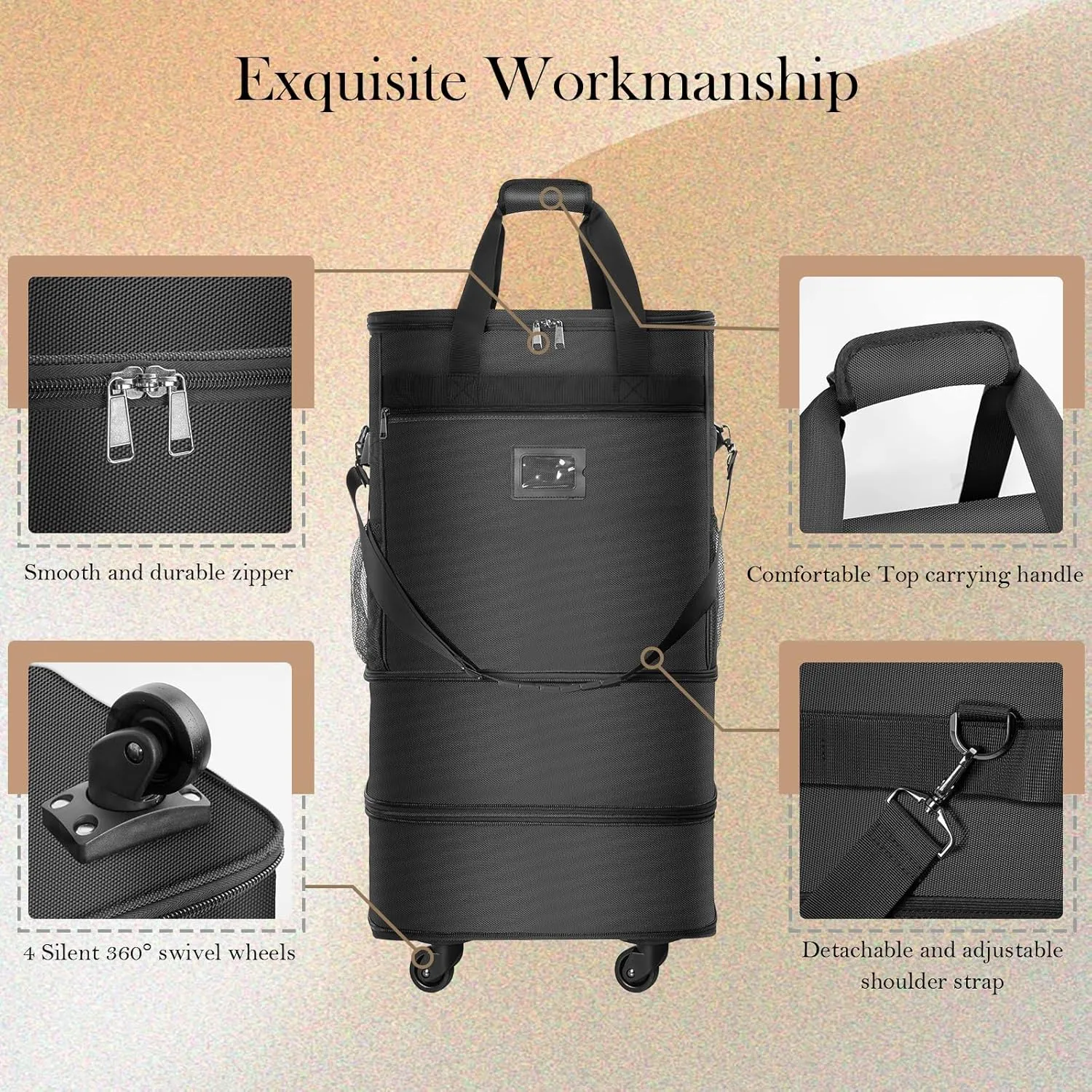 Suitcases with Wheels Expandable Luggage Bag Foldable Suitcase with 4 Universal Wheels Collapsible Rolling Travel Bag Large Capacity Duffel Bag (Black)