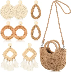Summer Beach Straw Purse Earrings Set Vacation Straw Bag with 4 Pairs Rattan Boho Tassel Earrings Crossbody Tote Bag Clutch Handbag for Women