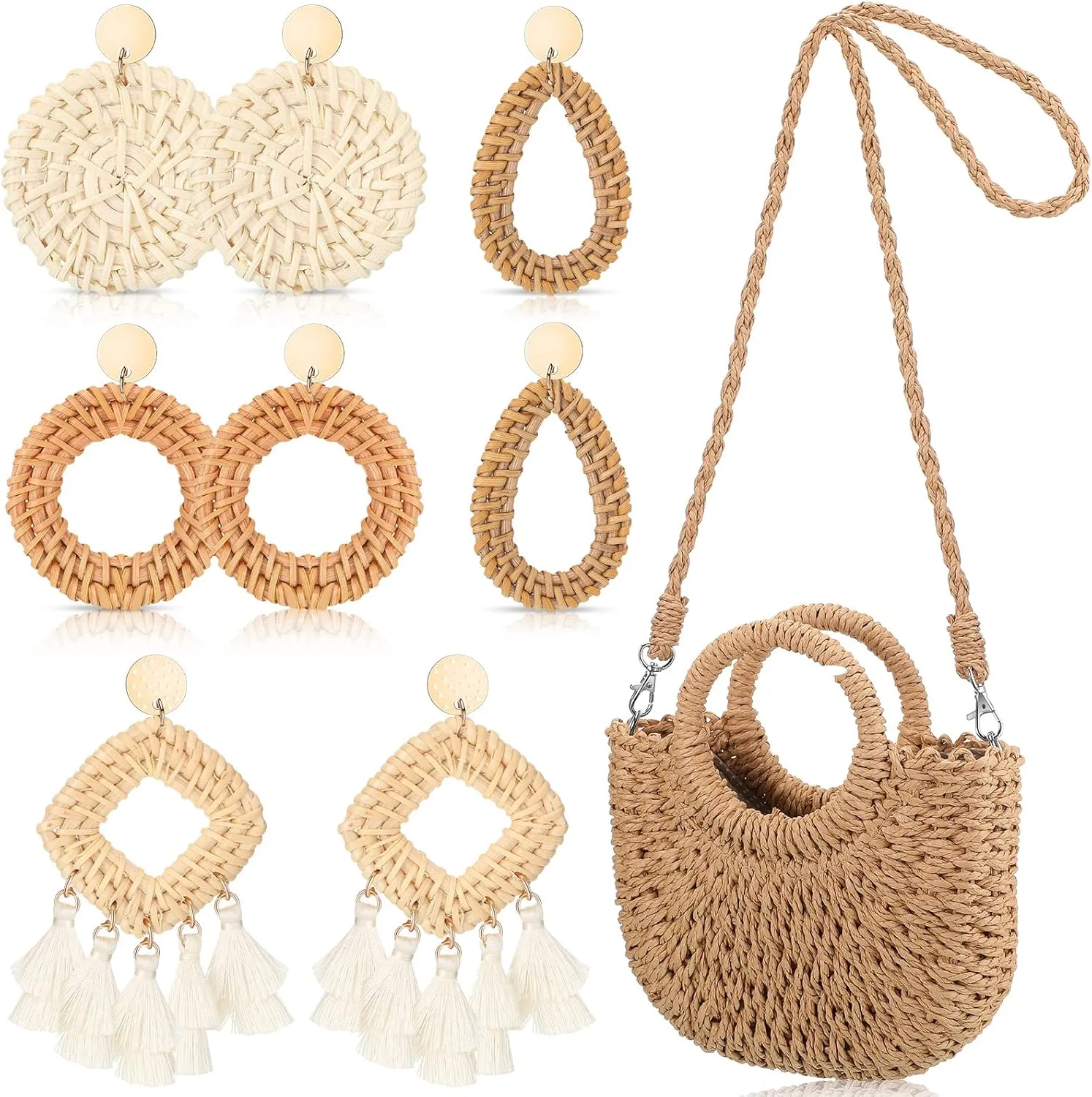Summer Beach Straw Purse Earrings Set Vacation Straw Bag with 4 Pairs Rattan Boho Tassel Earrings Crossbody Tote Bag Clutch Handbag for Women