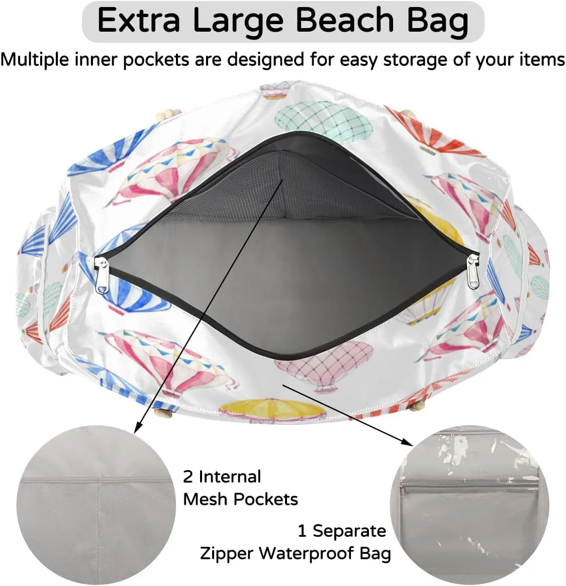 Summer Colored Flowers Beach Bags for Women Large Beach Tote with Zipper Waterproof Travel Sandproof Shoulder Pool Bag