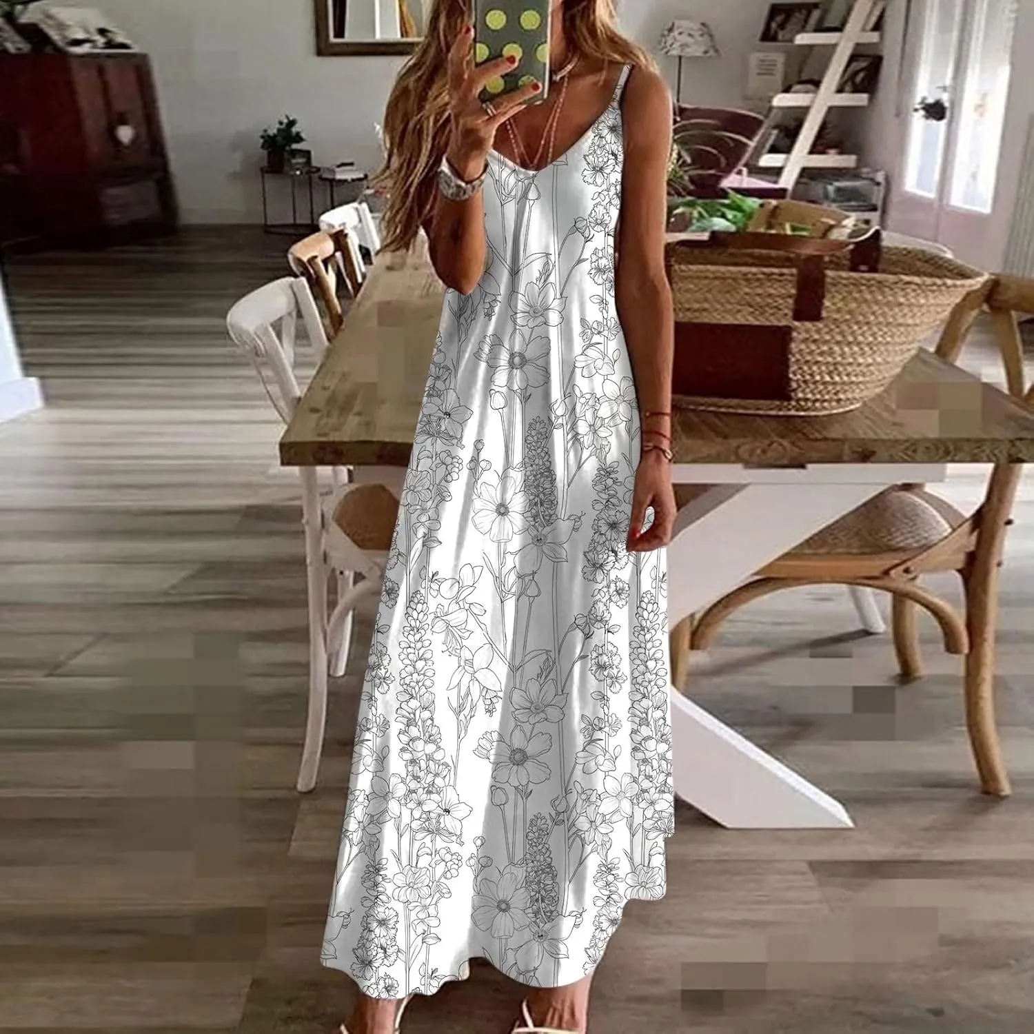 Summer Dresses for Women 2025 Beach Vacation Sexy Spaghetti Strap v Neck Sun Dress Flowy Maxi Long Sundresses Trendy