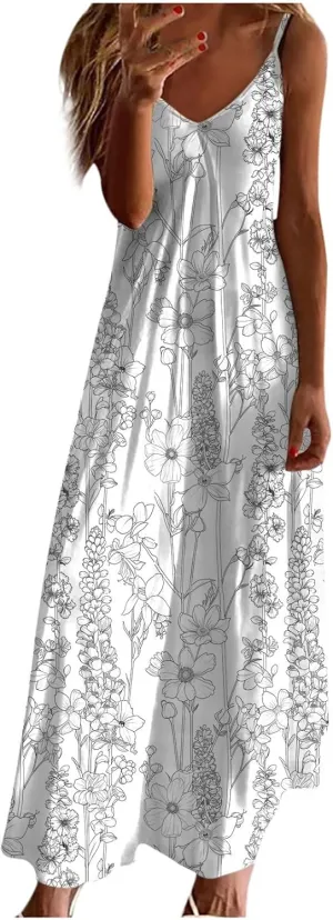 Summer Dresses for Women 2025 Beach Vacation Sexy Spaghetti Strap v Neck Sun Dress Flowy Maxi Long Sundresses Trendy
