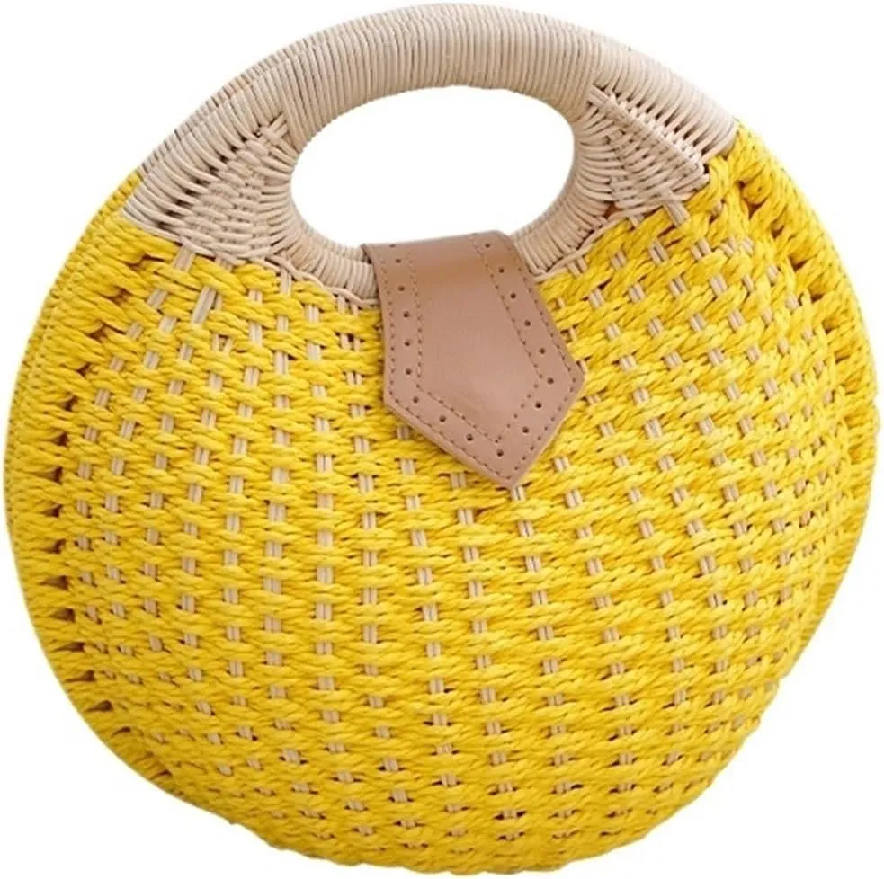 Summer Handbags Personality Cute Rattan Bag Casual Small Round Tote Woven Female Fashion Beach Bag Holiday(Colorful)