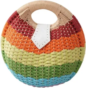 Summer Handbags Personality Cute Rattan Bag Casual Small Round Tote Woven Female Fashion Beach Bag Holiday(Colorful)