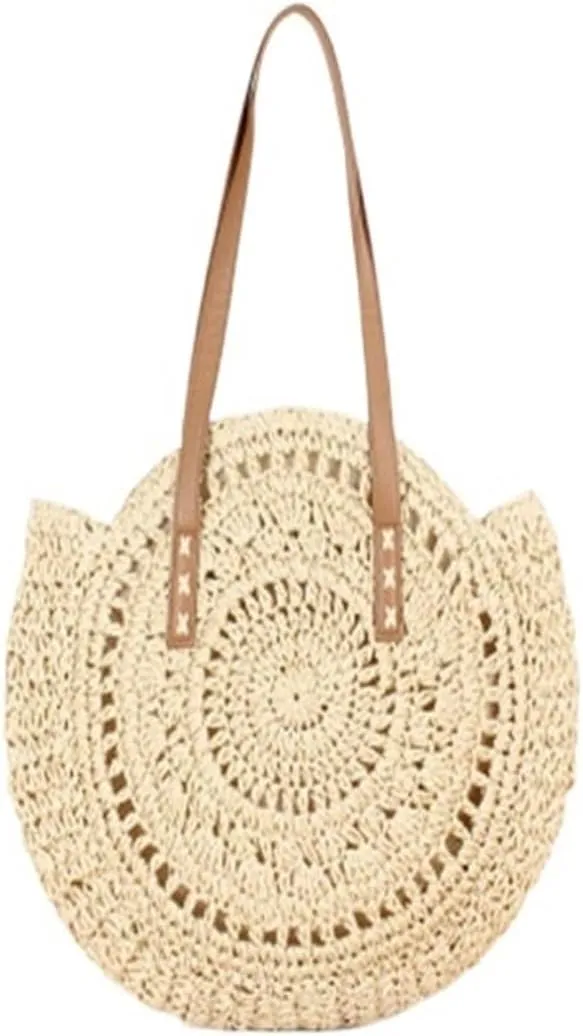 Summer Round Straw Bags for Women Rattan Bag Handmade Woven Beach Crossbody Bag Female Message Handbag(B)