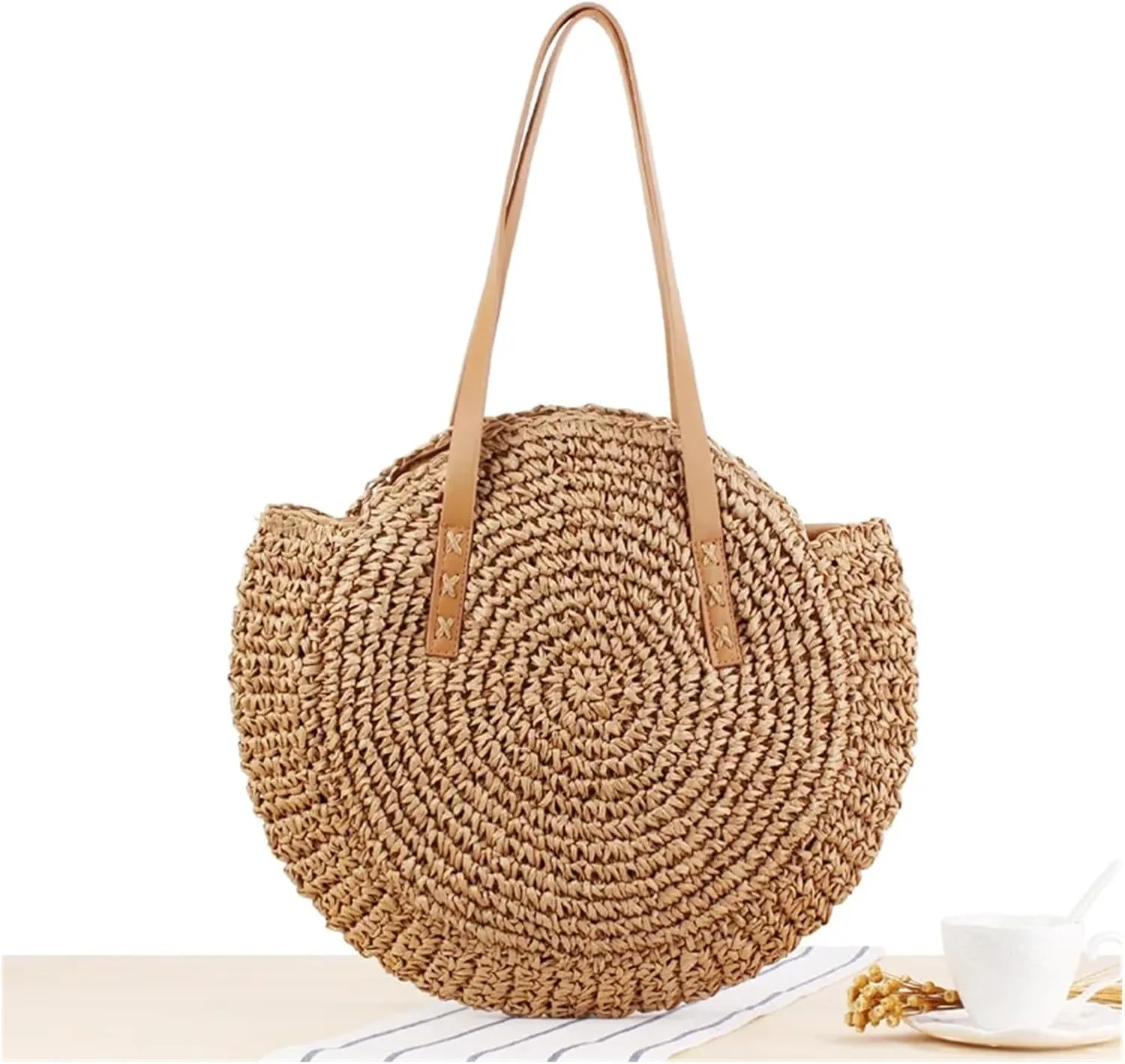 Summer Round Straw Bags for Women Rattan Bag Handmade Woven Beach Crossbody Bag Female Message Handbag(B)