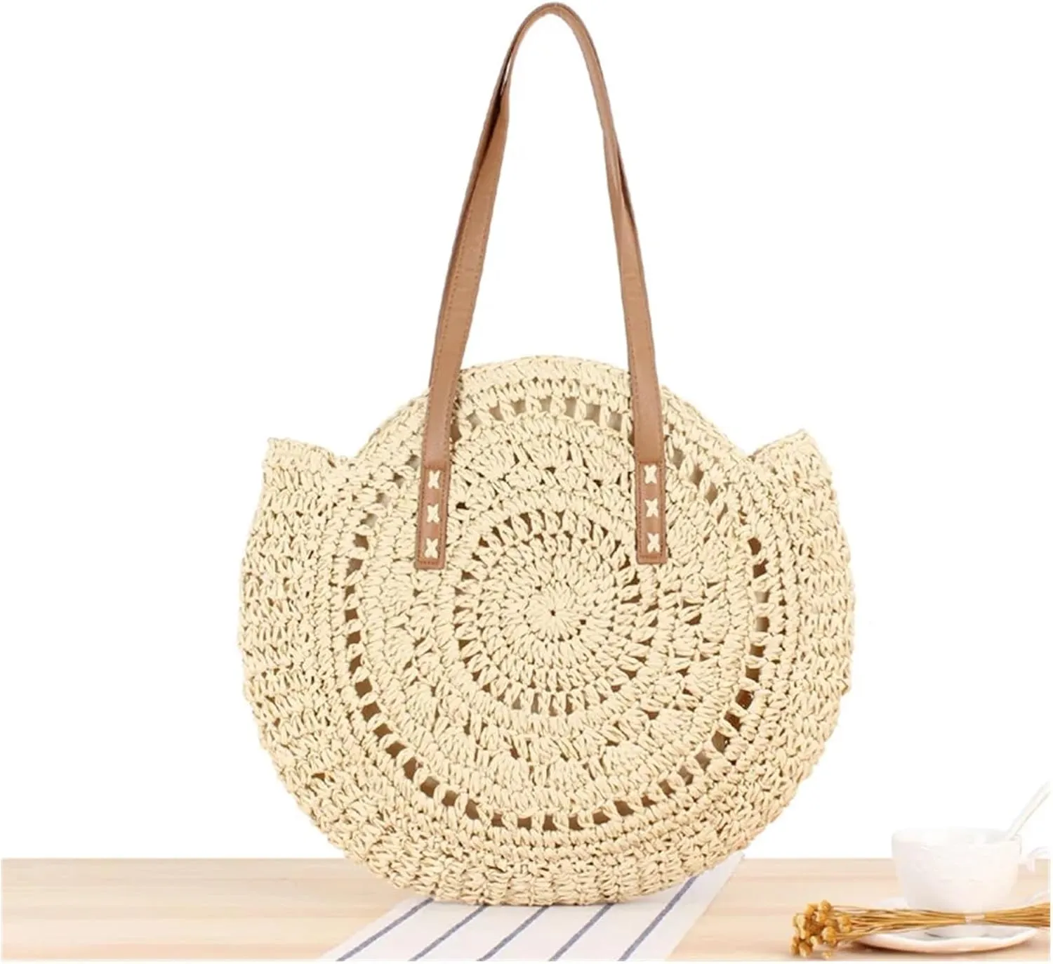 Summer Round Straw Bags for Women Rattan Bag Handmade Woven Beach Crossbody Bag Female Message Handbag(B)