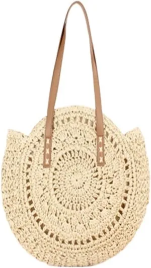 Summer Round Straw Bags for Women Rattan Bag Handmade Woven Beach Crossbody Bag Female Message Handbag(B)