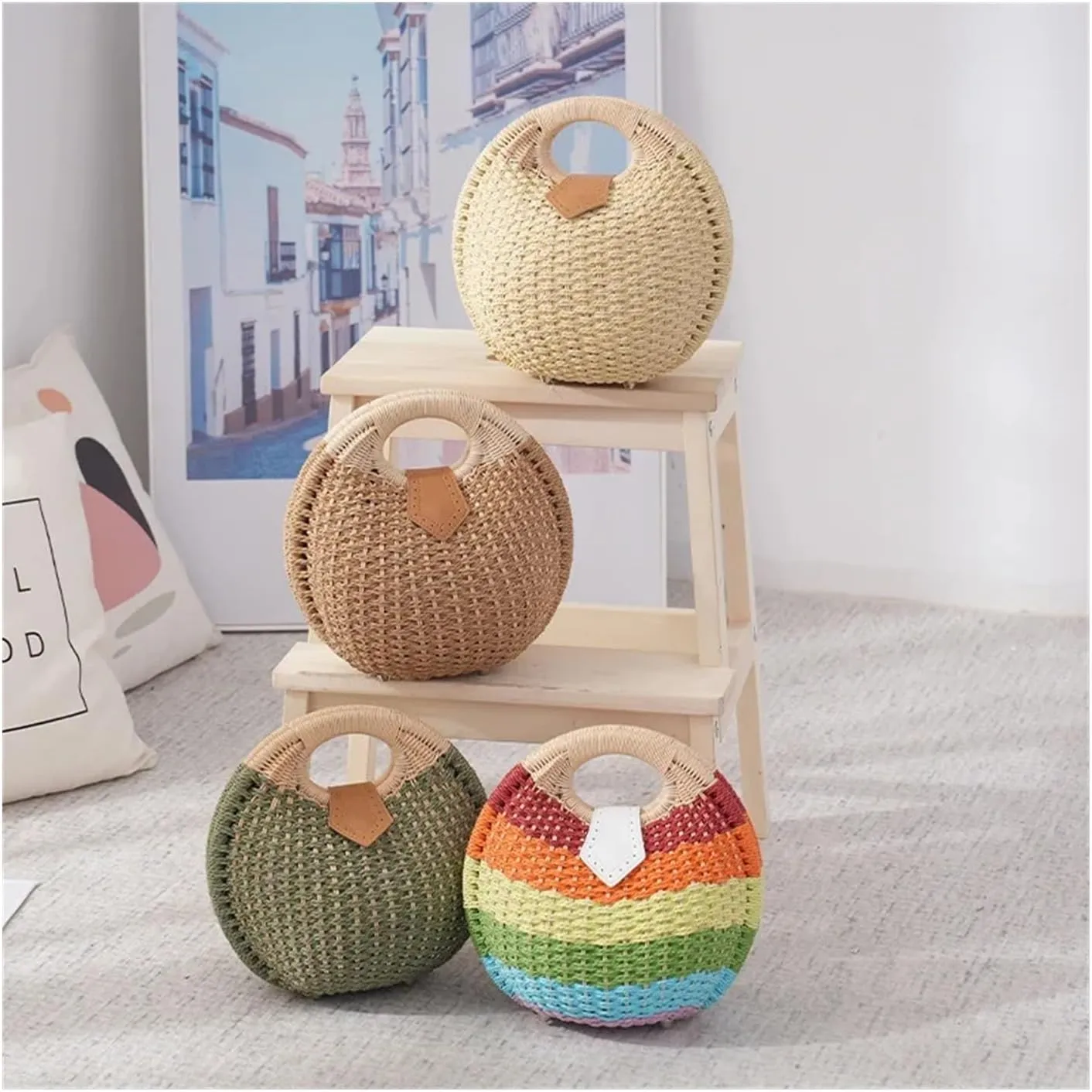 Summer Shell Handbags Personality Cute Rattan Bag Casual Small Round Tote Woven Female Fashion Beach Bag Holiday(White)
