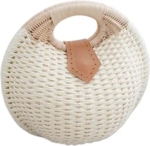 Summer Shell Handbags Personality Cute Rattan Bag Casual Small Round Tote Woven Female Fashion Beach Bag Holiday(White)