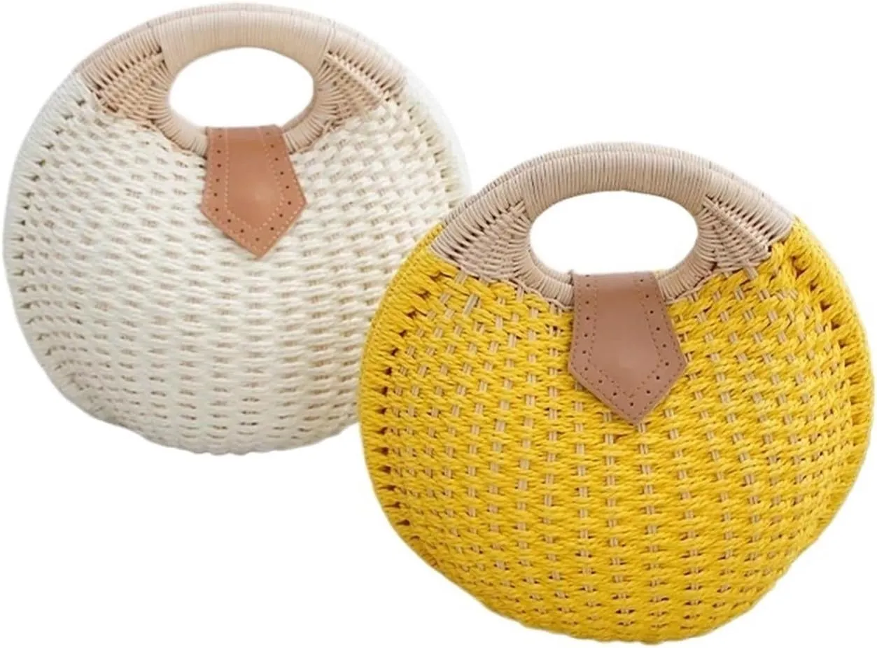Summer Shell Handbags Personality Cute Rattan Bag Casual Small Round Tote Woven Female Fashion Beach Bag Holiday(White)
