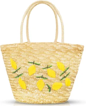 Summer Straw Bag, Beach Bag for Women, Handwoven Handbag Vintage Lemon Pattern Embroidery, Large Rattan Tote Bag Suitable for Vacation Seaside Travel