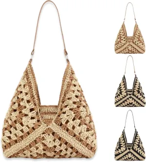 Summer Straw Bag for Women, Medium Beach Purse for Hand Woven, Vintage Straw Top Handle Bags, Wicker Handbag for Vacation
