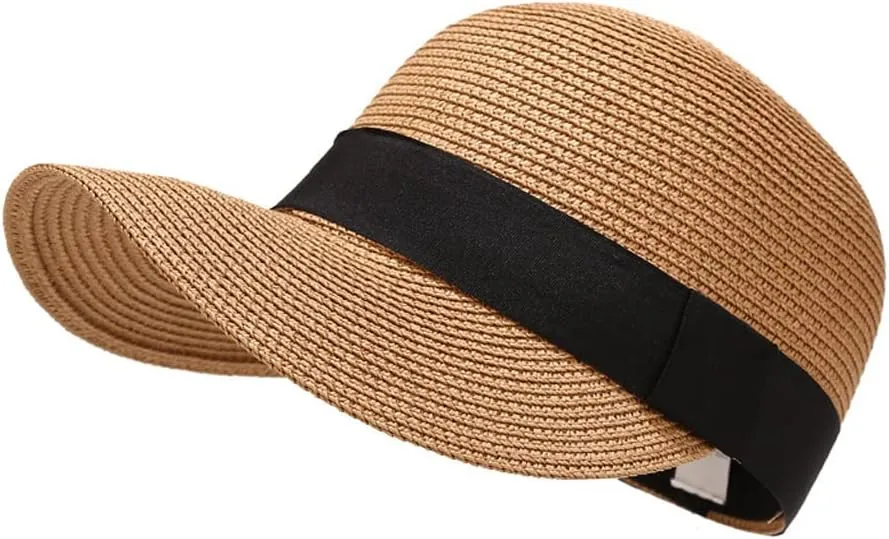 Summer Visor Hats for Women Foldable Floppy Solid Color Straw Sun Hat Travel Beach Baseball Cap