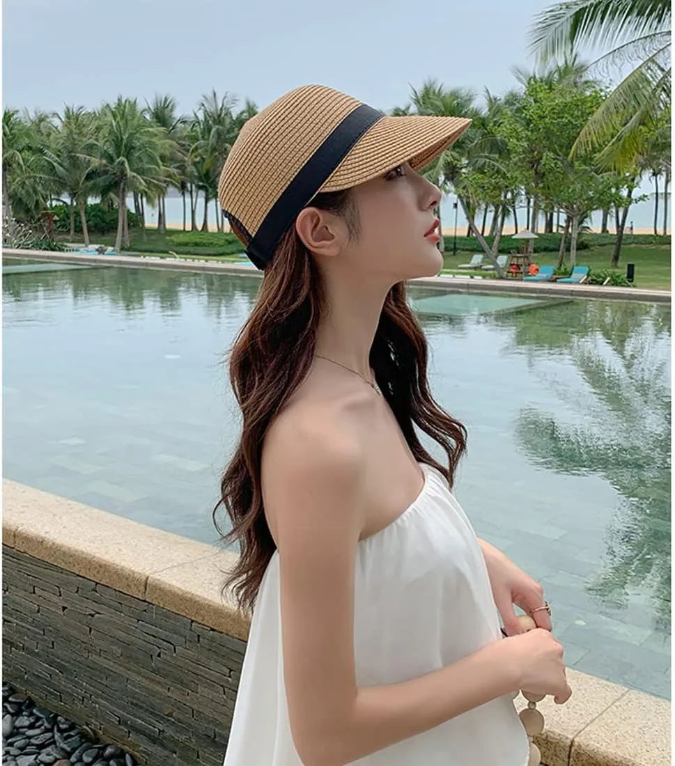 Summer Visor Hats for Women Foldable Floppy Solid Color Straw Sun Hat Travel Beach Baseball Cap