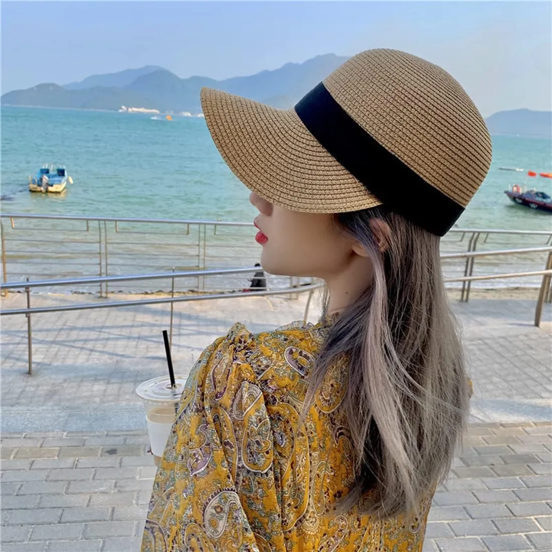 Summer Visor Hats for Women Foldable Floppy Solid Color Straw Sun Hat Travel Beach Baseball Cap