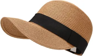 Summer Visor Hats for Women Foldable Floppy Solid Color Straw Sun Hat Travel Beach Baseball Cap