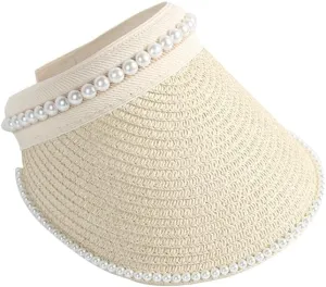 Sun Visor Hats for Women Wide Brim Packable Beach Visors Natural Raffia Pearl Straw Sun Protection Hat Summer Ponytail Hat
