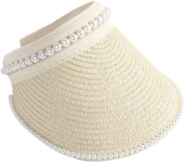 Sun Visor Hats for Women Wide Brim Packable Beach Visors Natural Raffia Pearl Straw Sun Protection Hat Summer Ponytail Hat