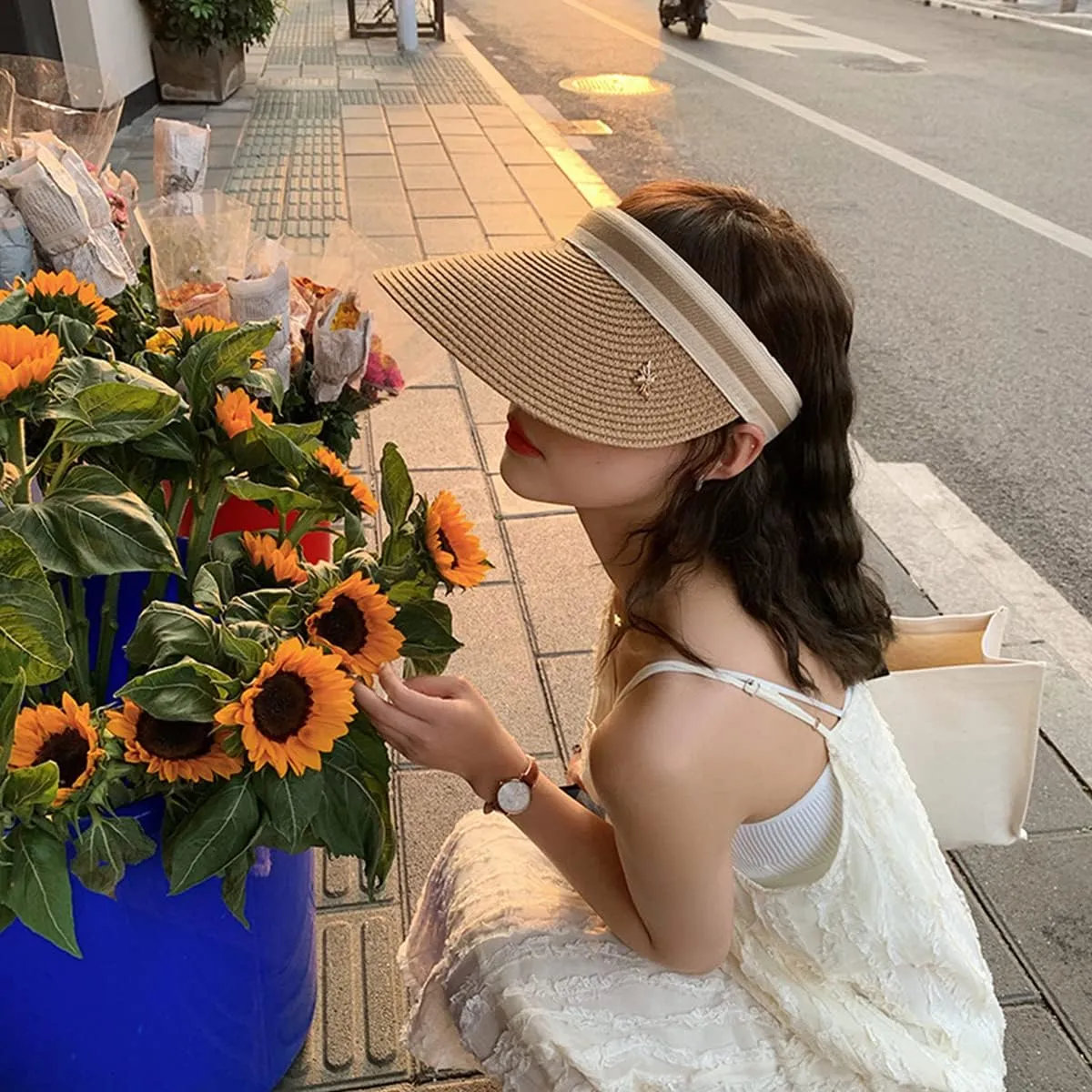 Sun Visor Hats for Women Wide Brim Straw Visors Womens Beach Visors Summer Roll Up Ponytail Beach Hat