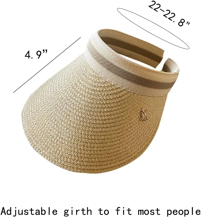 Sun Visor Hats for Women Wide Brim Straw Visors Womens Beach Visors Summer Roll Up Ponytail Beach Hat