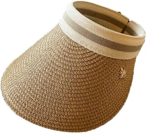 Sun Visor Hats for Women Wide Brim Straw Visors Womens Beach Visors Summer Roll Up Ponytail Beach Hat
