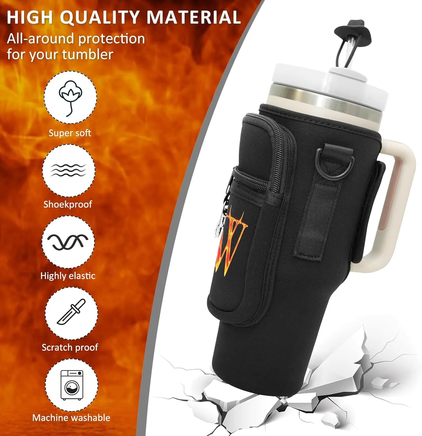 Sunegg Water Bottle Carrier Bag for Stanley 40 oz Tumbler with Handle, Water Bottle Holder Pouch with Phone Pocket, Straw Cover & Adjustable Strap, Accessories for Stanley Cup