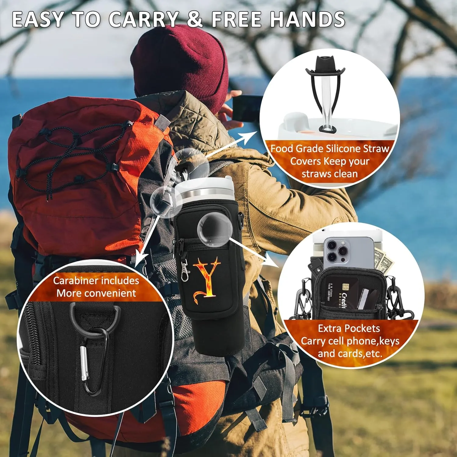 Sunegg Water Bottle Carrier Bag for Stanley 40 oz Tumbler with Handle, Water Bottle Holder Pouch with Phone Pocket, Straw Cover & Adjustable Strap, Accessories for Stanley Cup