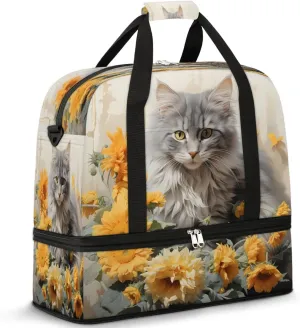 Sunflowers And Maine Coon Travel Duffel Bag, Travel Essentials, Gym Bag for Women, Weekender Overnight Bag With Shoes Compartment, Carry On Bags for Airplanes