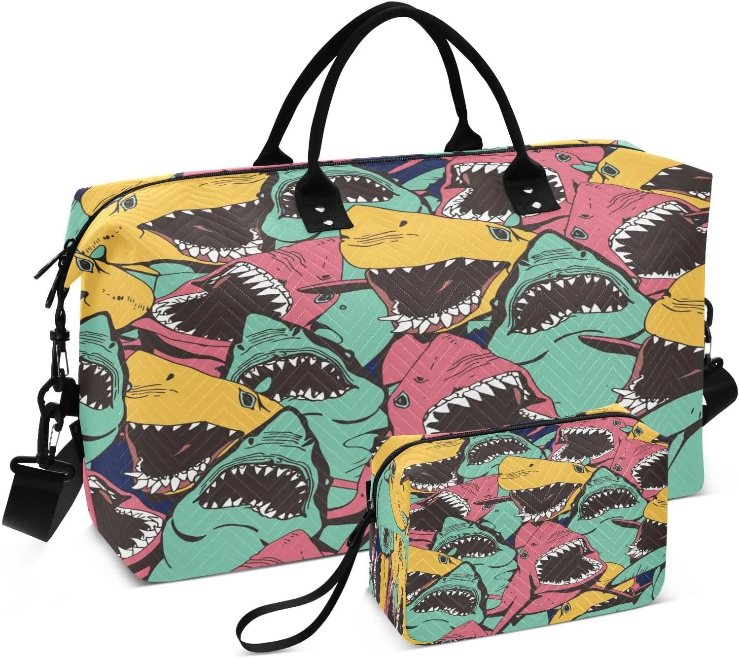 susiyo Angry Shark Animals Expandable Travel Duffle Bag, Large Weekender Overnight Bags and Adjustable Strap, Carry On Shoulder Tote Bag, Gym Duffel Bag with Toiletry Bags for Hospital