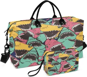 susiyo Angry Shark Animals Expandable Travel Duffle Bag, Large Weekender Overnight Bags and Adjustable Strap, Carry On Shoulder Tote Bag, Gym Duffel Bag with Toiletry Bags for Hospital