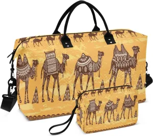 susiyo Ethnic Motifs Desert Camels Expandable Travel Duffle Bag, Large Weekender Overnight Bags and Adjustable Strap, Carry On Shoulder Tote Bag, Gym Duffel Bag with Toiletry Bags for Hospital