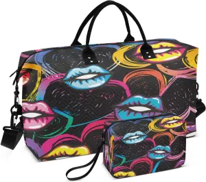 susiyo Heart and Colorful Lips Expandable Travel Duffle Bag, Large Weekender Overnight Bags and Adjustable Strap, Carry On Shoulder Tote Bag, Gym Duffel Bag with Toiletry Bags for Hospital