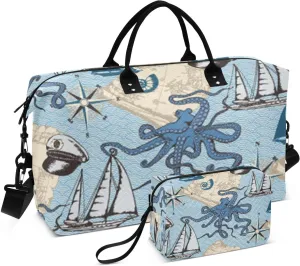 susiyo Octopus Sea Voyages Expandable Travel Duffle Bag, Large Weekender Overnight Bags and Adjustable Strap, Carry On Shoulder Tote Bag, Gym Duffel Bag with Toiletry Bags for Hospital