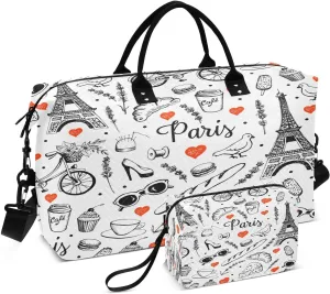 susiyo Paris City Romance Expandable Travel Duffle Bag, Large Weekender Overnight Bags and Adjustable Strap, Carry On Shoulder Tote Bag, Gym Duffel Bag with Toiletry Bags for Hospital