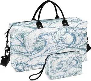 susiyo Wave Sketch Style Blue Expandable Travel Duffle Bag, Large Weekender Overnight Bags and Adjustable Strap, Carry On Shoulder Tote Bag, Gym Duffel Bag with Toiletry Bags for Hospital
