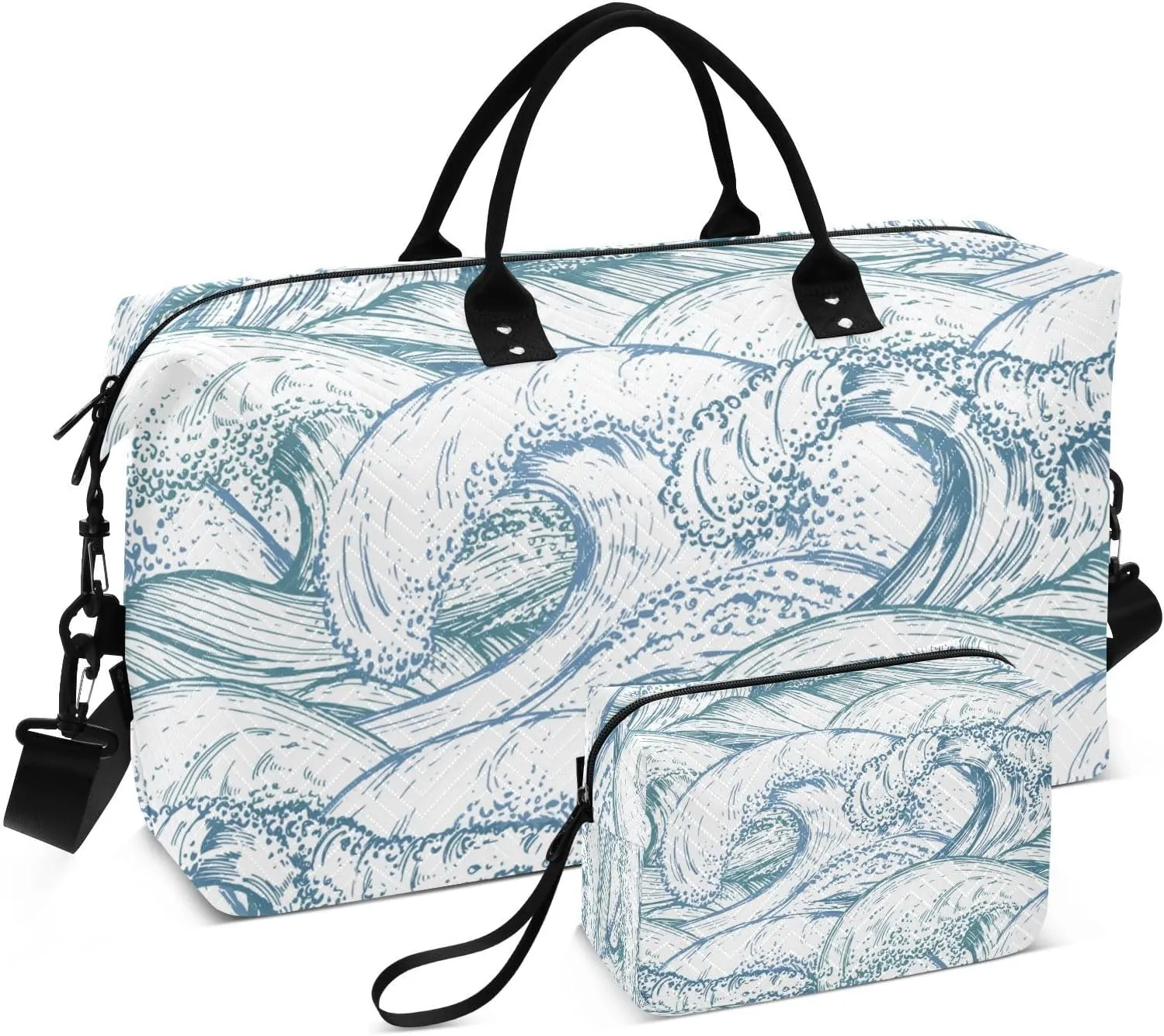 susiyo Wave Sketch Style Blue Expandable Travel Duffle Bag, Large Weekender Overnight Bags and Adjustable Strap, Carry On Shoulder Tote Bag, Gym Duffel Bag with Toiletry Bags for Hospital