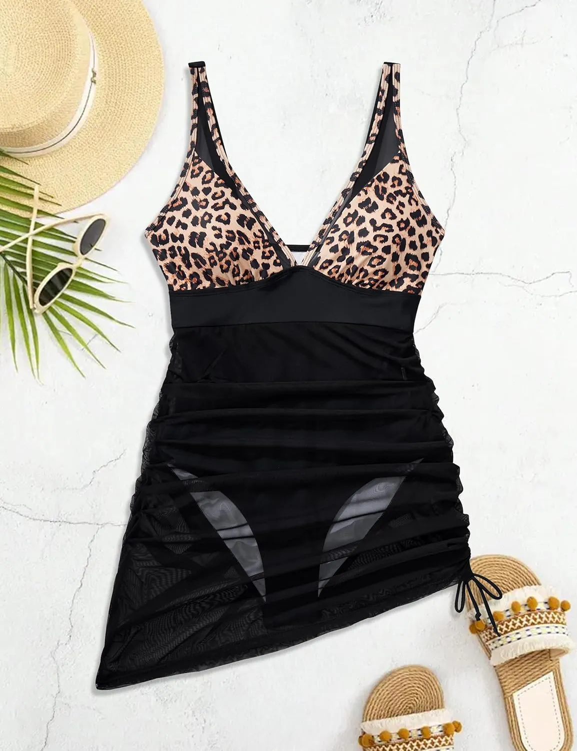 SUUKSESS Women Mesh One Piece Swim Dress Swimsuit Tummy Control Bathing Suit