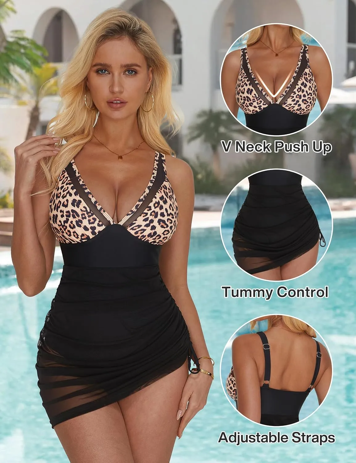SUUKSESS Women Mesh One Piece Swim Dress Swimsuit Tummy Control Bathing Suit