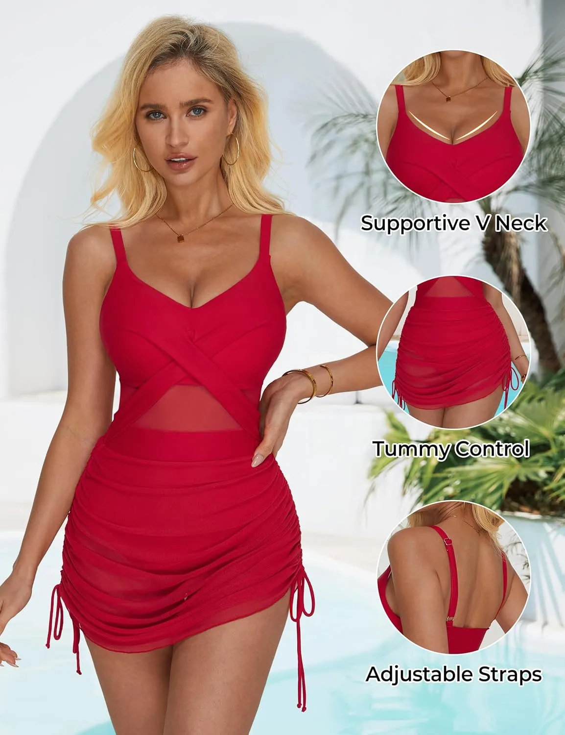 SUUKSESS Women One Piece Swim Dress Tummy Control Swimsuit Mesh Bathing Suit