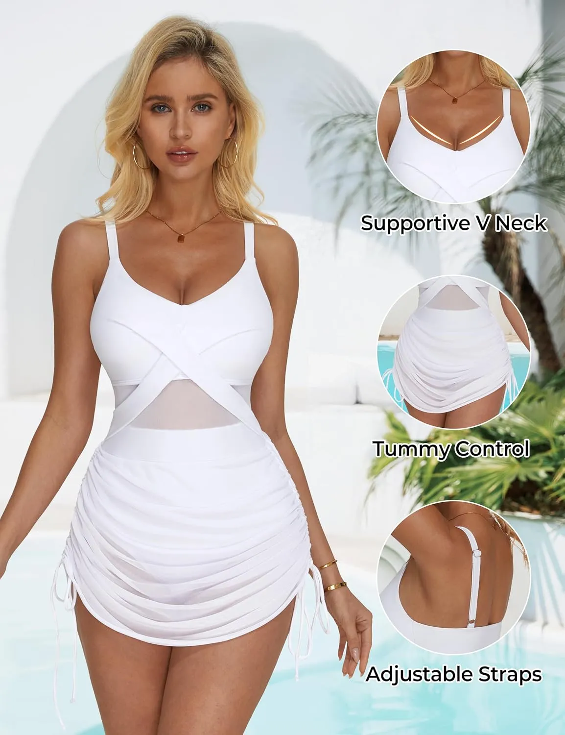 SUUKSESS Women One Piece Swim Dress Tummy Control Swimsuit Mesh Bathing Suit