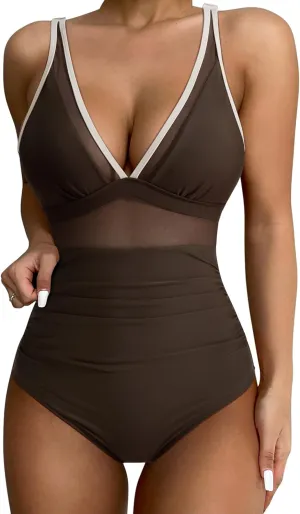 SUUKSESS Women Sexy Mesh Tummy Control Swimsuit Push Up High Waisted Bathing Suit