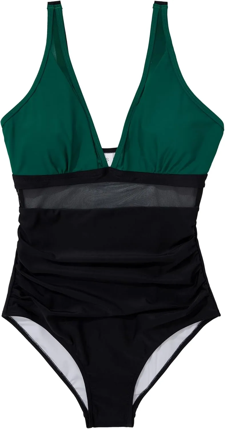 SUUKSESS Women Sexy Mesh Tummy Control Swimsuit Push Up High Waisted Bathing Suit