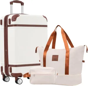 SVRCK Travel with Lightweight Hardshell Luggage Set, Includes 24-Inch Suitcase, Duet Bag & Toiletry Bag, White